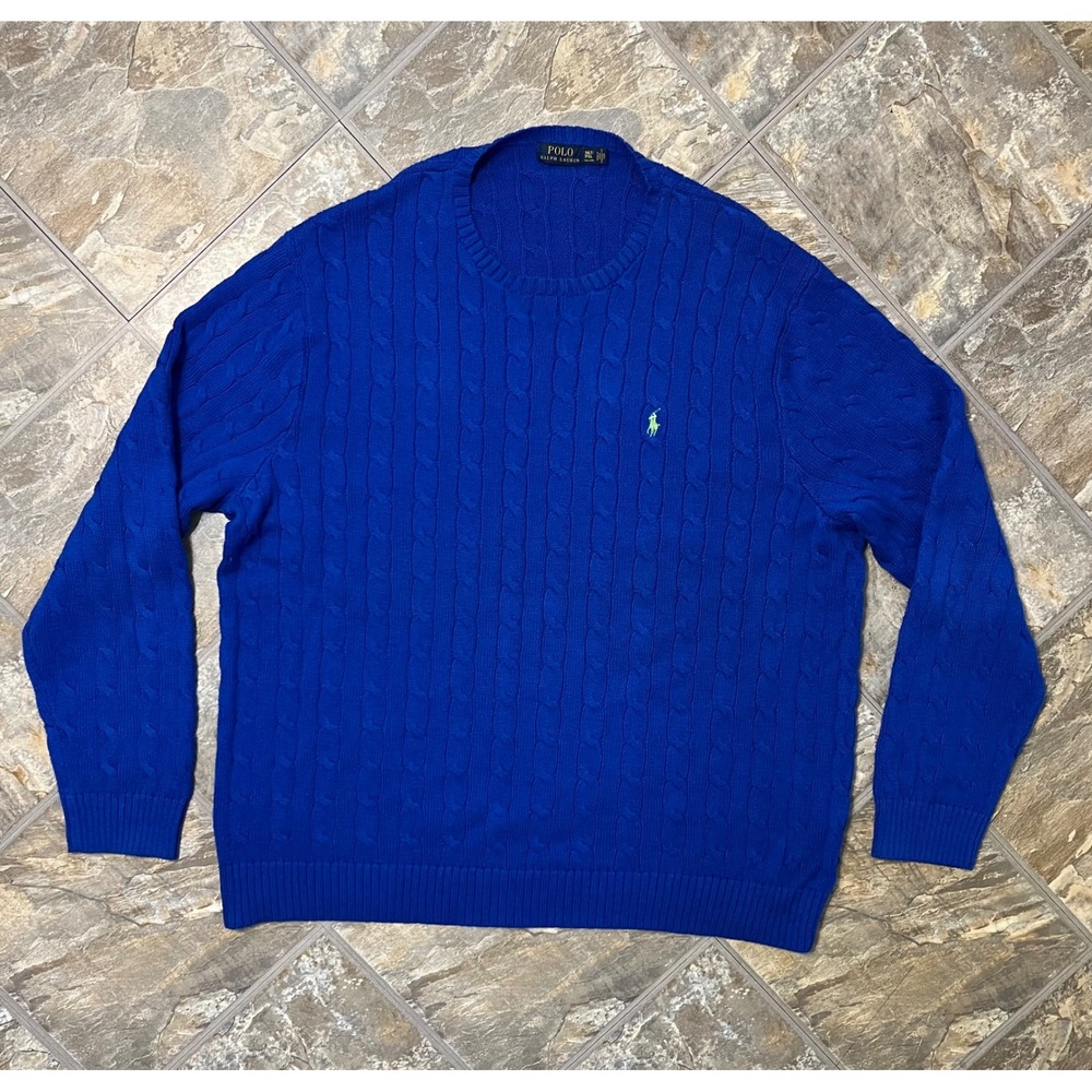 Polo Ralph Lauren Sweater Mens 3XLT Blue Chunky Cable Knit Cotton